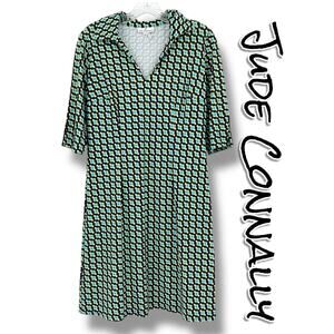 Jude Connally Michelle Geometric Blue Green Casual V Neck Dress Women’s Sz S